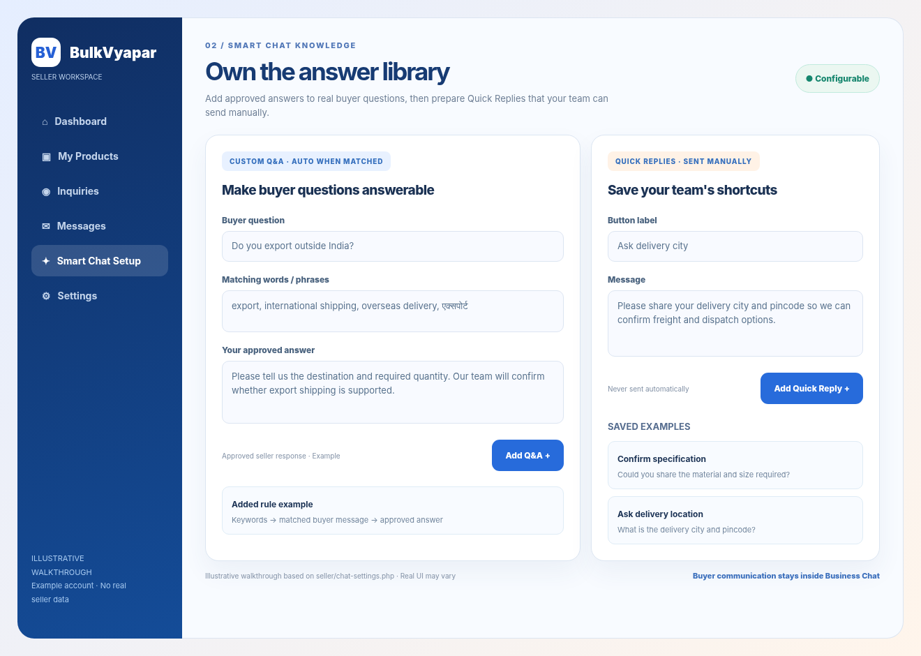 Illustrative Smart Chat Setup custom questions and keyword matching alongside manual Quick Replies